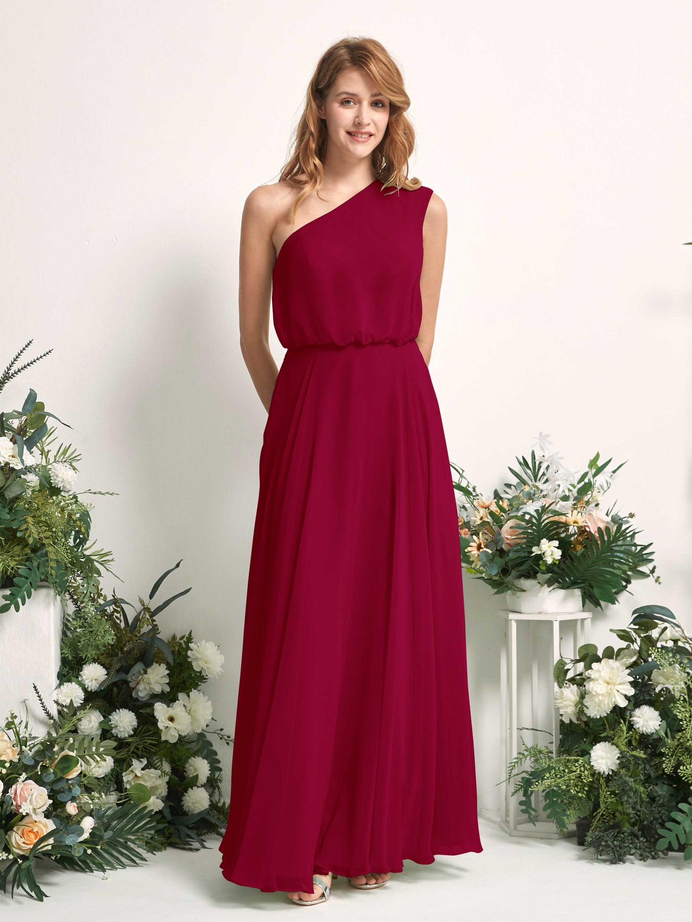 Carlyna Vestido Línea A Un Hombre Hasta el Suelo Vestidos de Dama de Honor Rojo Bufón #color_rojo-buf-n