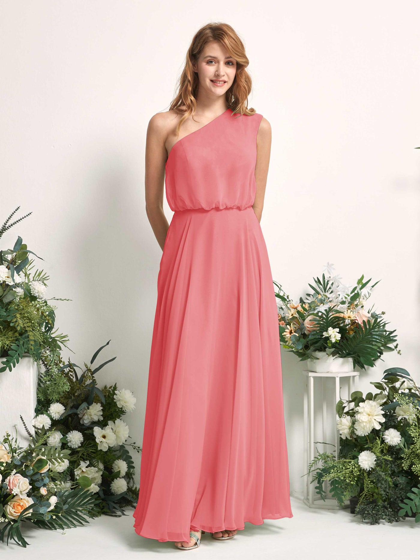 Carlyna Vestido Línea A Un Hombre Hasta el Suelo Vestidos de Dama de Honor Rosa Coral #color_rosa-coral