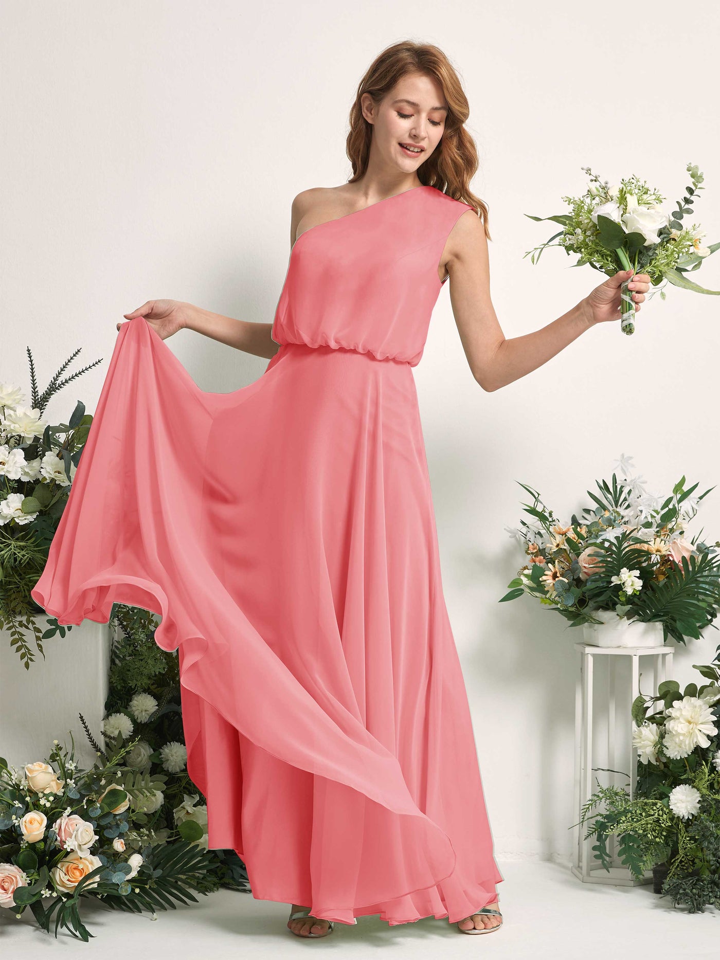 Carlyna Vestido Línea A Un Hombre Hasta el Suelo Vestidos de Dama de Honor Rosa Coral #color_rosa-coral