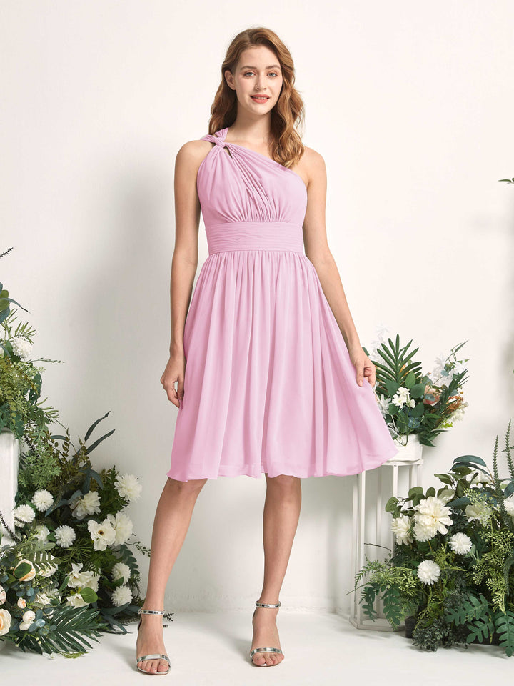 Carlyna Vestido Línea A un hombro hasta la rodilla fruncido de gasa dama de honor Rosa Caramelo 