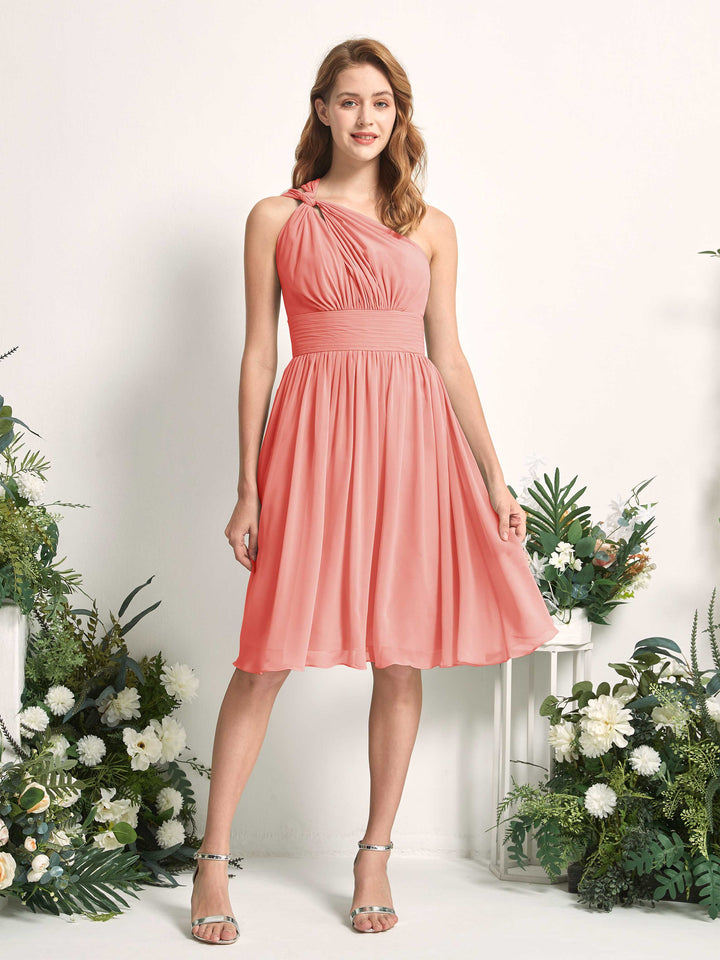 Carlyna Vestido Línea A un hombro hasta la rodilla fruncido de gasa dama de honor Rosa Melocotón 