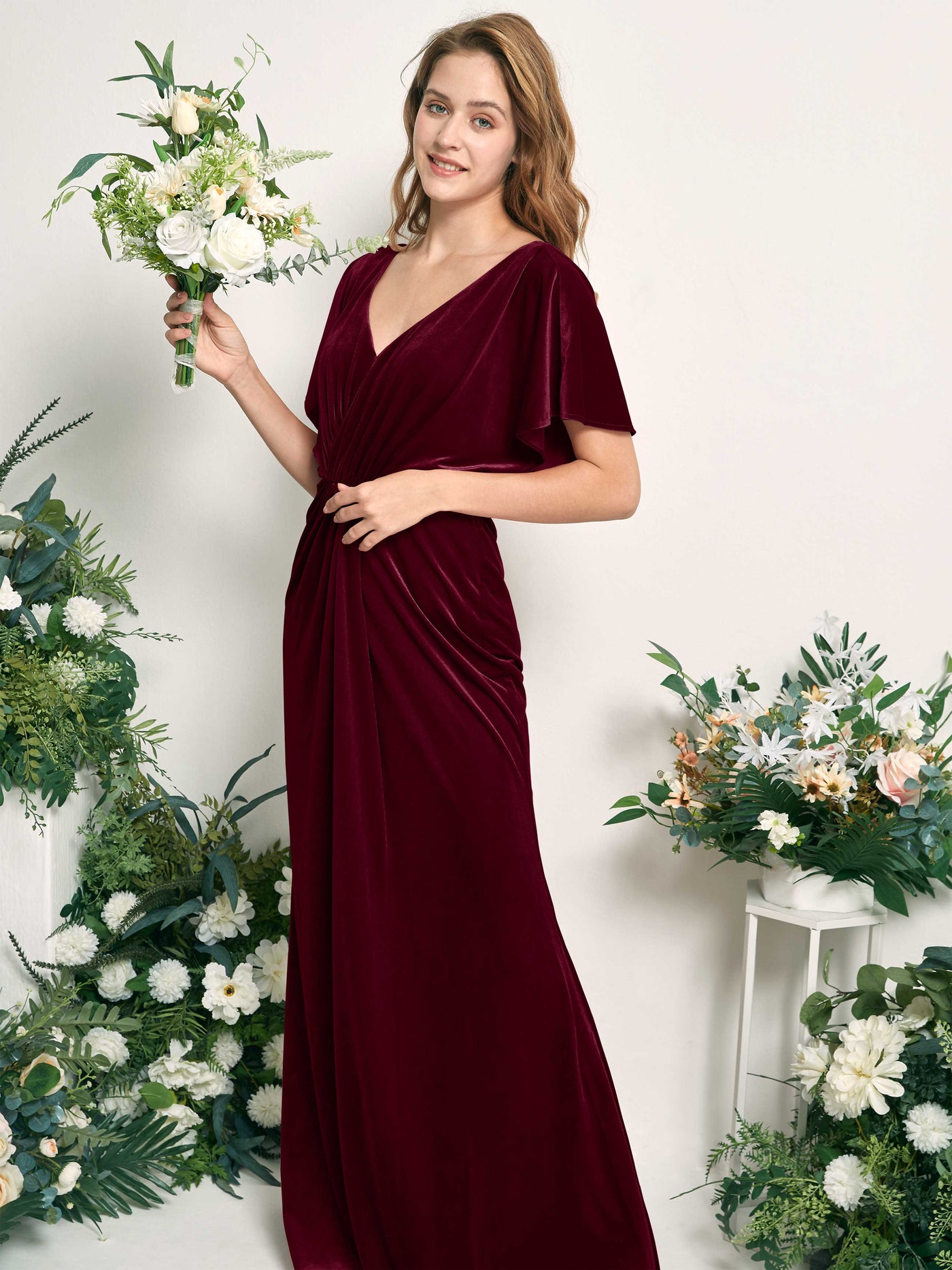 Carlyna Vestido sirena escote en V fruncido manga con vuelo terciopelo hasta el suelo Borgoña #color_borgo-a