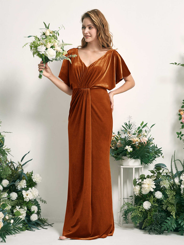 Carlyna Vestido sirena escote en V fruncido manga con vuelo terciopelo hasta el suelo Naranja Burant 