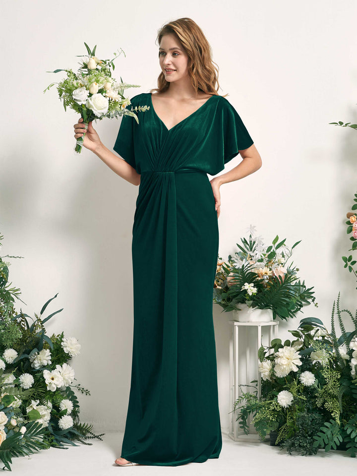 Carlyna Vestido sirena escote en V fruncido manga con vuelo terciopelo hasta el suelo Verde Militer 