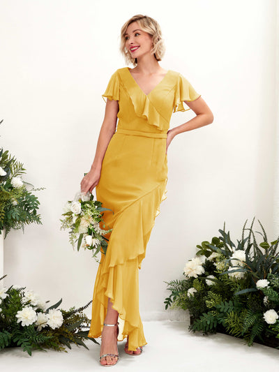 Carlyna Vestido sirena escote en V manga con vuelo hasta el suelo Amarillo Mostaza #color_amarillo-mostaza