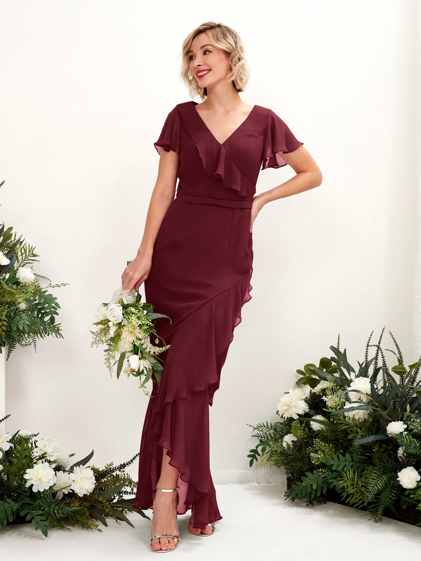 Carlyna Vestido sirena escote en V manga con vuelo hasta el suelo Borgoña #color_borgo-a