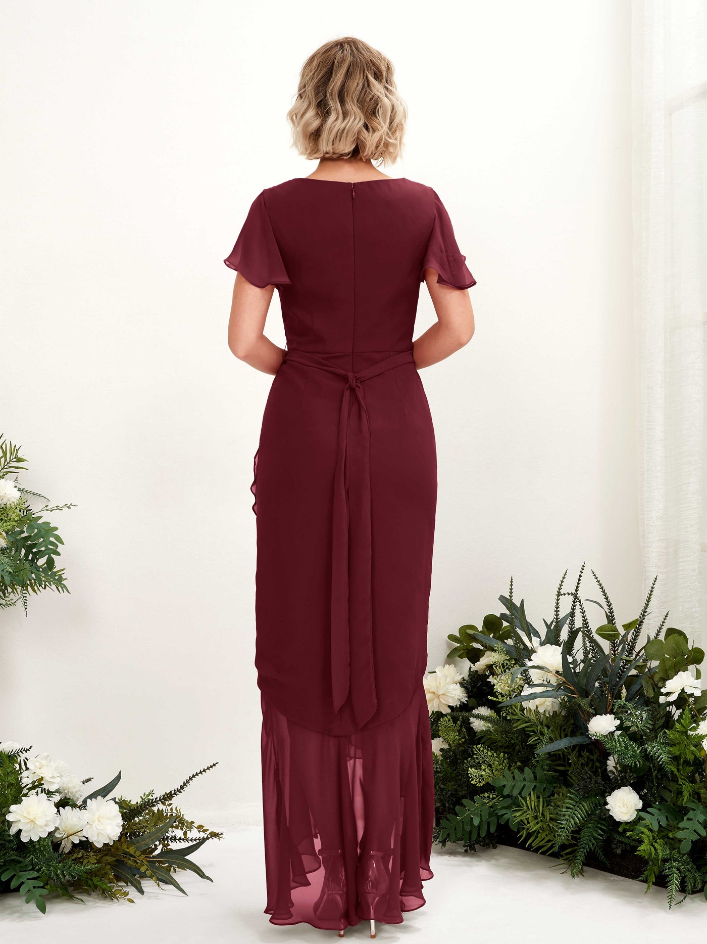 Carlyna Vestido sirena escote en V manga con vuelo hasta el suelo Borgoña #color_borgo-a
