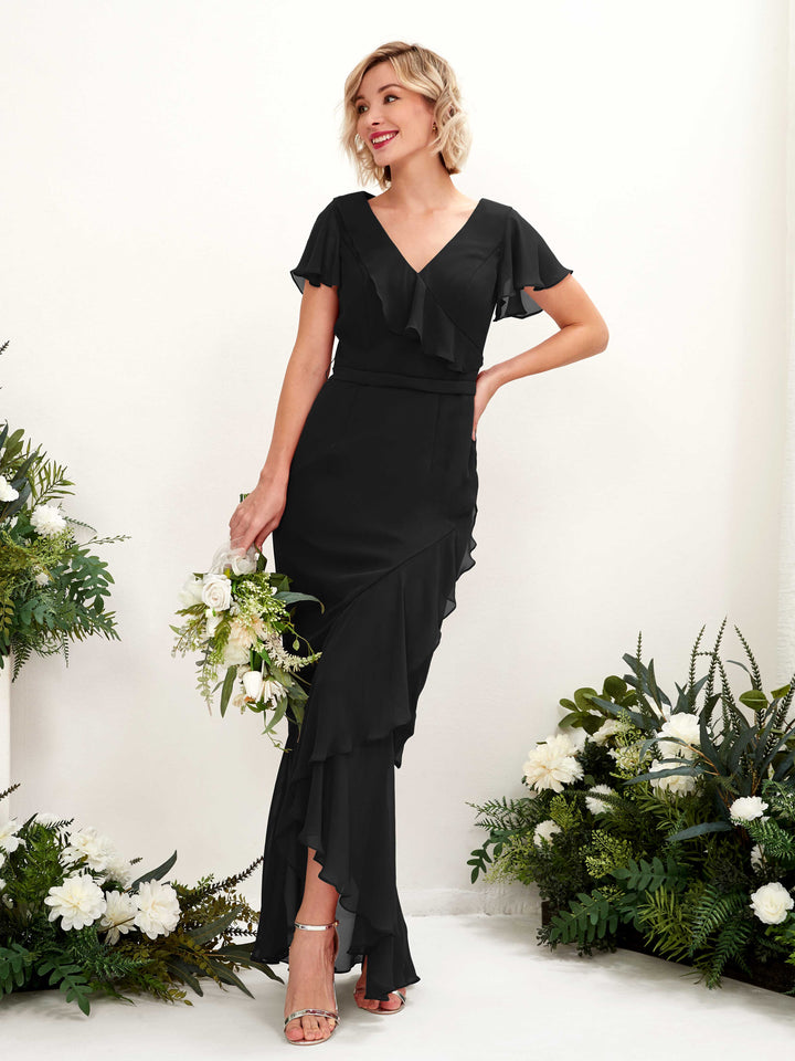 Carlyna Vestido sirena escote en V manga con vuelo hasta el suelo Negro 