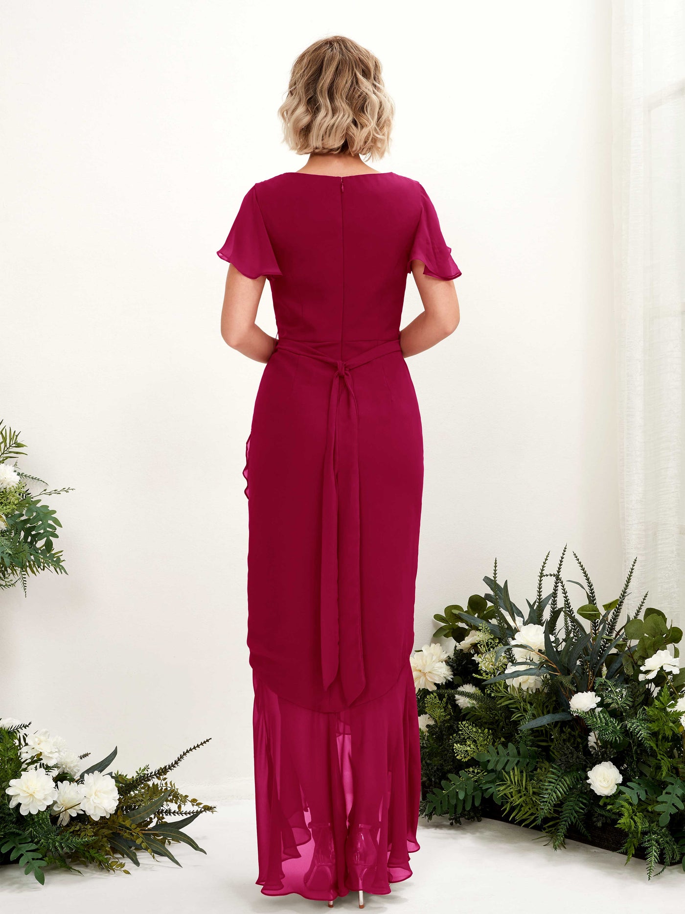 Carlyna Vestido sirena escote en V manga con vuelo hasta el suelo Rojo Bufón #color_rojo-buf-n