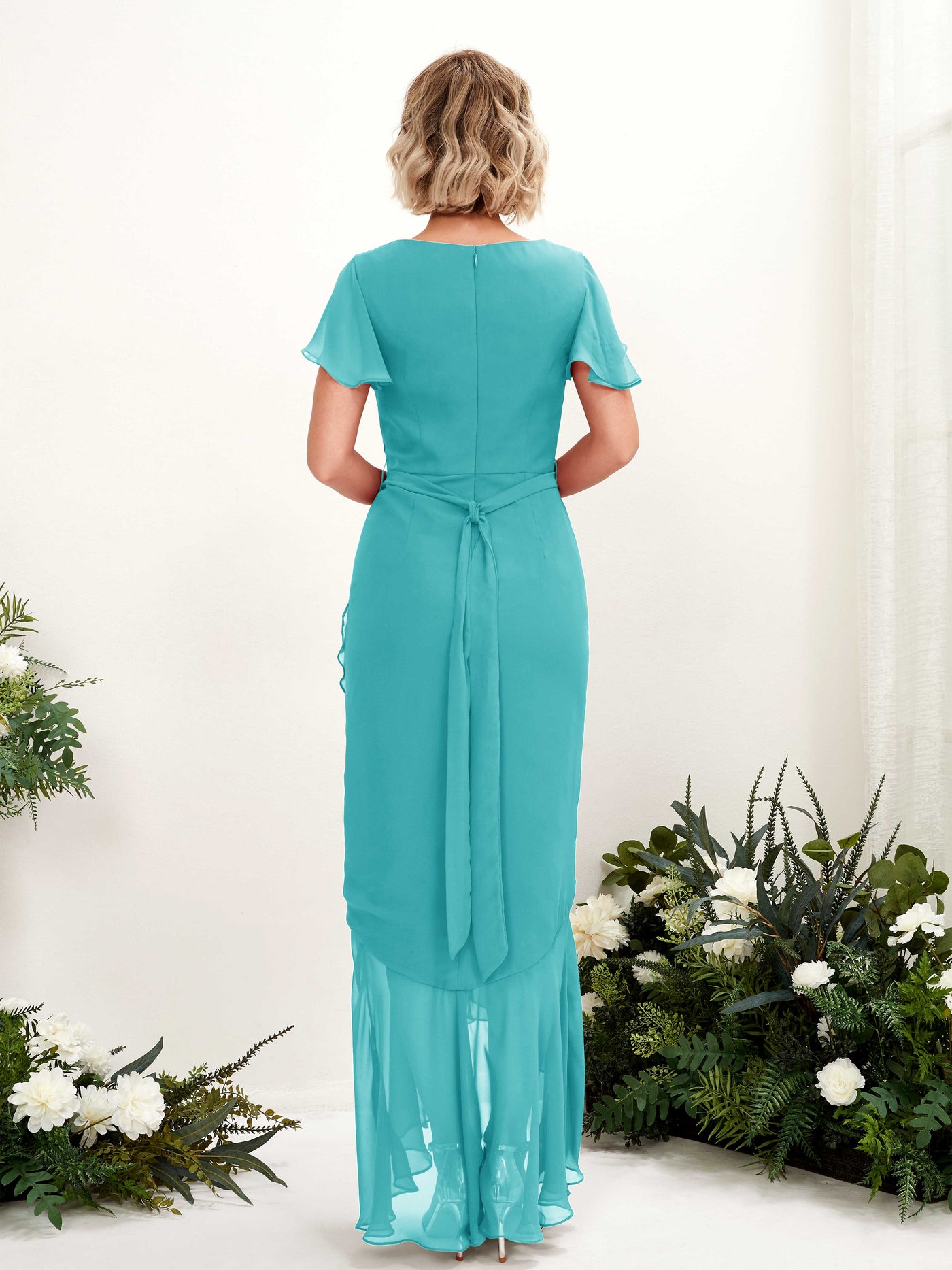 Carlyna Vestido sirena escote en V manga con vuelo hasta el suelo Turquesa #color_turquesa