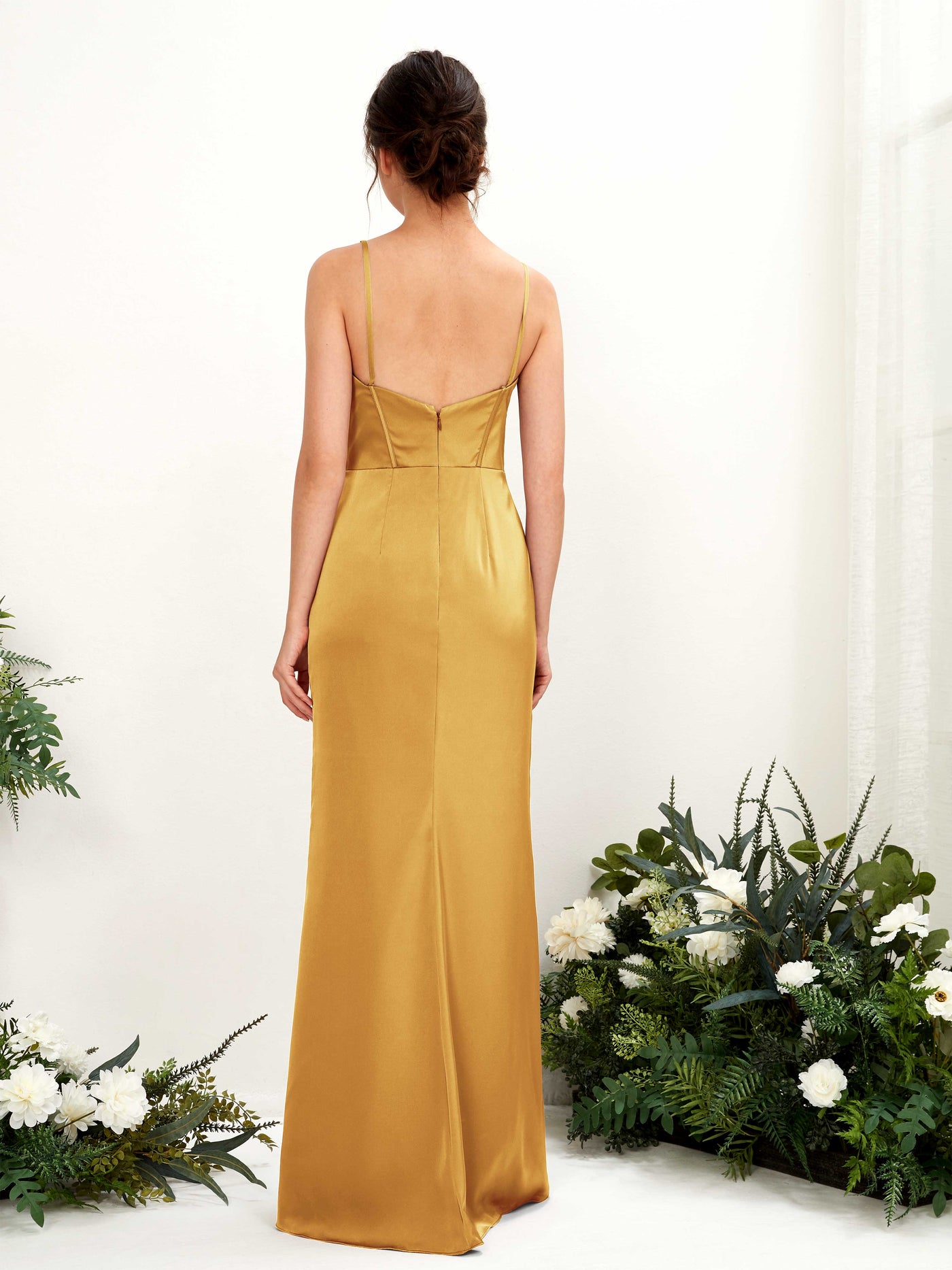 Carlyna Vestido tubo satén cuello corazón hasta el suelo dama de honor Amarillo Canario #color_amarillo-canario