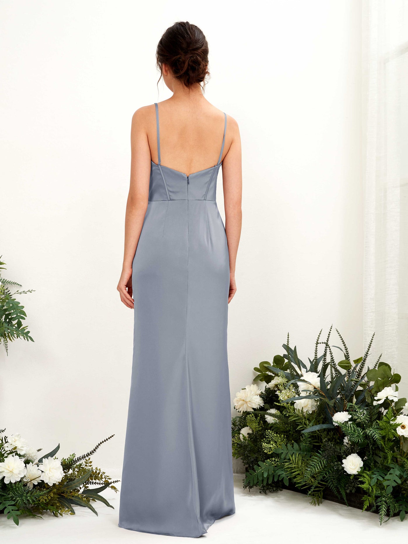 Carlyna Vestido tubo satén cuello corazón hasta el suelo dama de honor Azul Polvoriento #color_azul-polvoriento