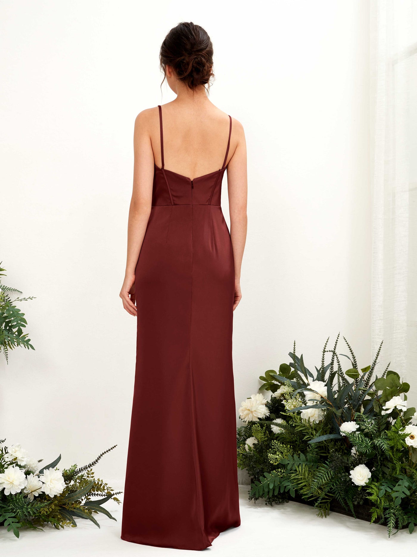 Carlyna Vestido tubo satén cuello corazón hasta el suelo dama de honor Borgoña #color_borgo-a