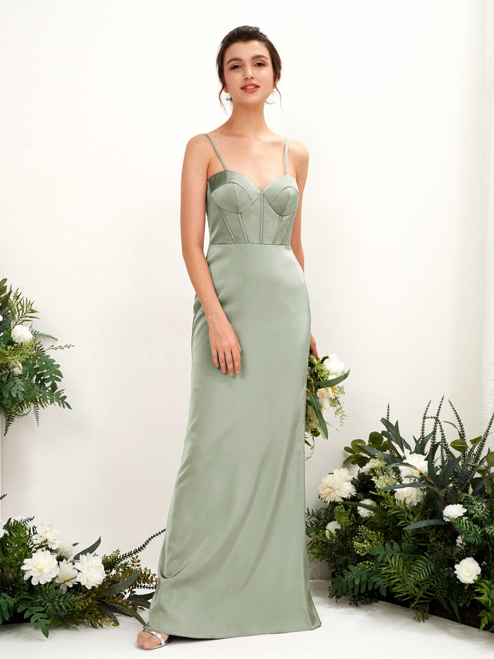 Carlyna Vestido tubo satén cuello corazón hasta el suelo dama de honor Verde Salvia 