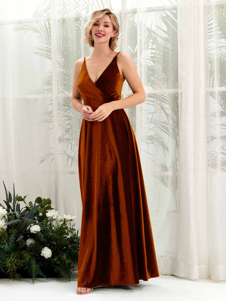 Carlyna Vestidos Línea A Escote en V Hasta el suelo Terciopelo Vestidos de dama de honor Naranja Burant 